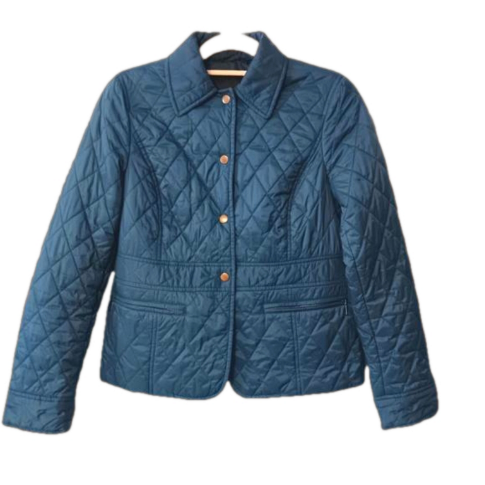 Talbots Sapphire Blue Lightweight Quilted Jacket Front Zip Pockets Snap Closure
